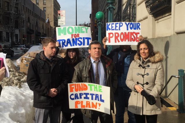 Transit advocates outside of the MTA Transit Museum in Brooklyn on Tuesday